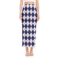 Navy Blue And White Argyle Pattern Print Side Slit Maxi Skirt