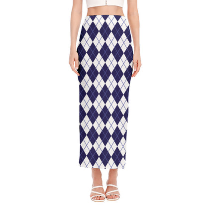 Navy Blue And White Argyle Pattern Print Side Slit Maxi Skirt
