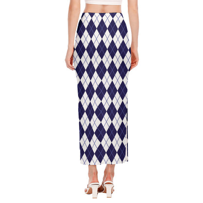 Navy Blue And White Argyle Pattern Print Side Slit Maxi Skirt