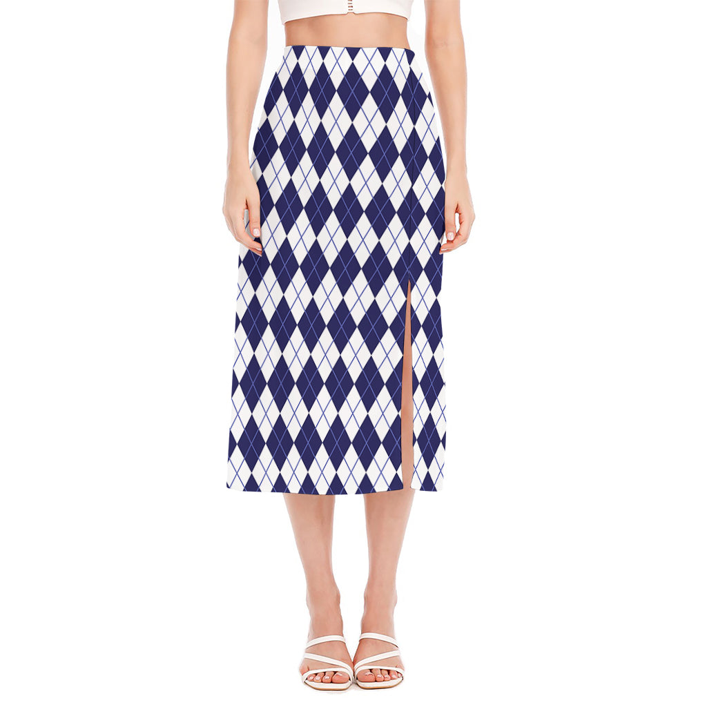 Navy Blue And White Argyle Pattern Print Side Slit Midi Skirt