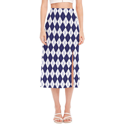 Navy Blue And White Argyle Pattern Print Side Slit Midi Skirt