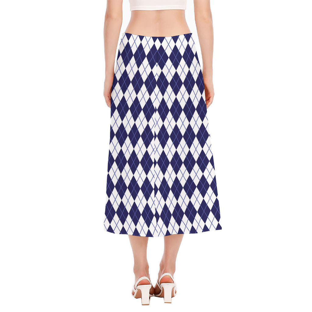 Navy Blue And White Argyle Pattern Print Side Slit Midi Skirt