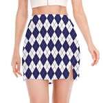 Navy Blue And White Argyle Pattern Print Side Slit Mini Skirt