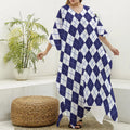 Navy Blue And White Argyle Pattern Print Silk V-Neck Kaftan Dress