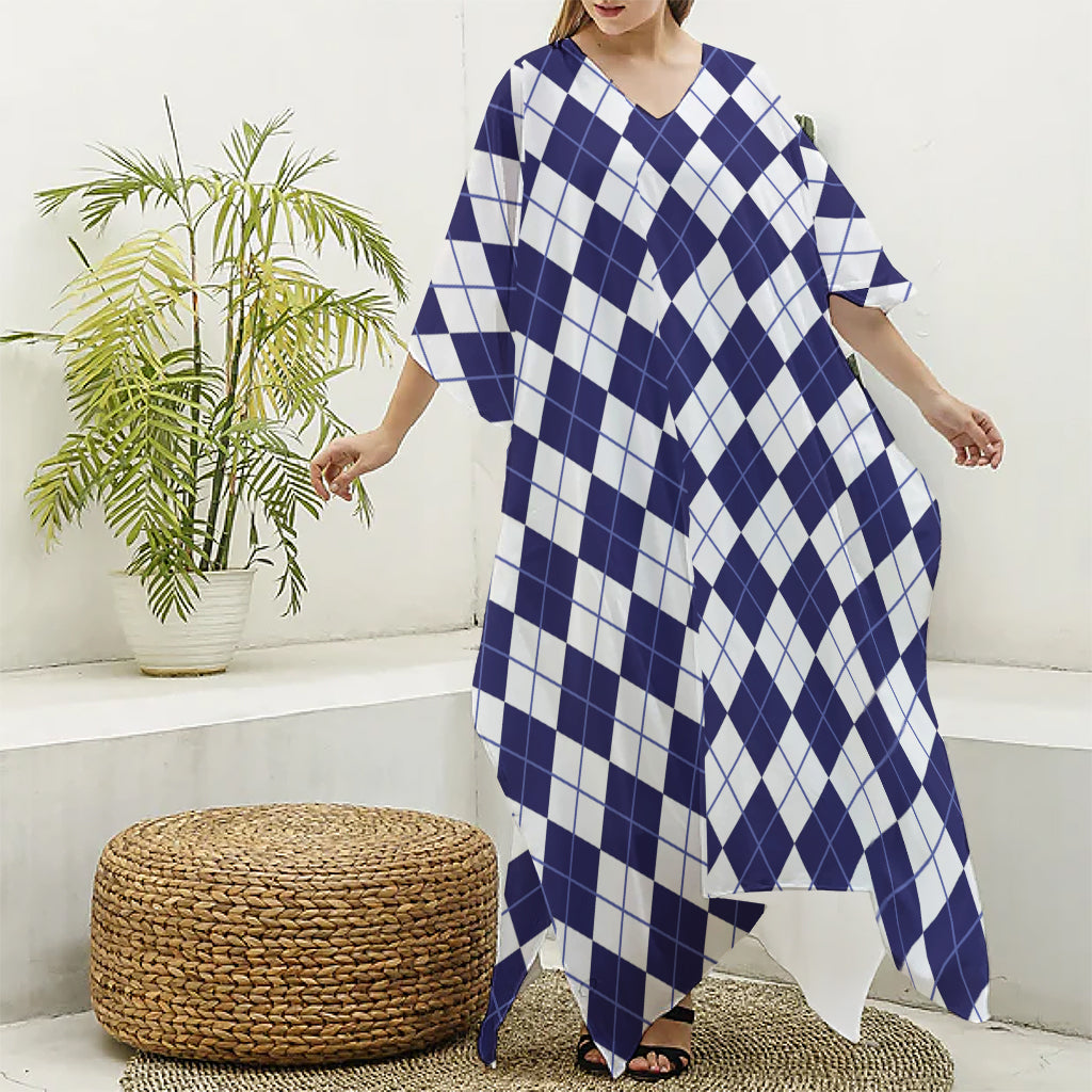 Navy Blue And White Argyle Pattern Print Silk V-Neck Kaftan Dress