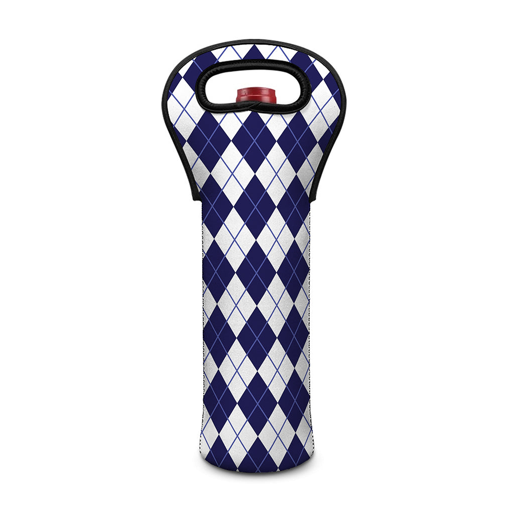 Navy Blue And White Argyle Pattern Print Single Neoprene Wine Tote