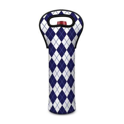 Navy Blue And White Argyle Pattern Print Single Neoprene Wine Tote