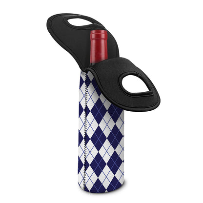 Navy Blue And White Argyle Pattern Print Single Neoprene Wine Tote