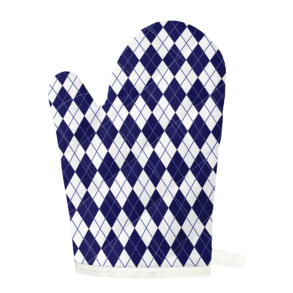 Navy Blue And White Argyle Pattern Print Single Oven Mitt