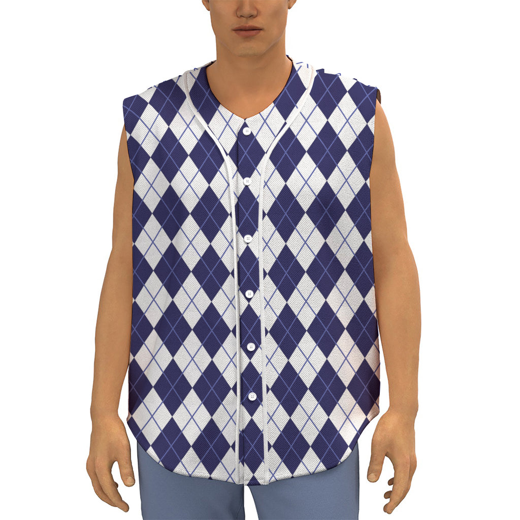 Navy Blue And White Argyle Pattern Print Sleeveless Baseball Jersey