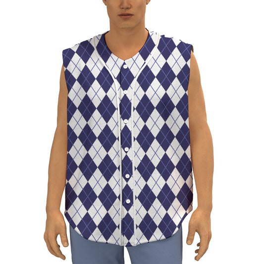 Navy Blue And White Argyle Pattern Print Sleeveless Baseball Jersey