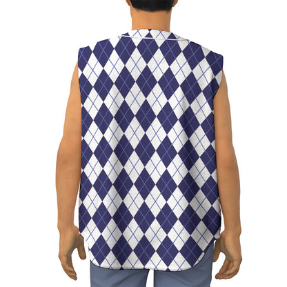 Navy Blue And White Argyle Pattern Print Sleeveless Baseball Jersey