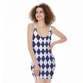 Navy Blue And White Argyle Pattern Print Sleeveless Bodycon Dress