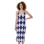 Navy Blue And White Argyle Pattern Print Slim Fit Midi Cami Dress