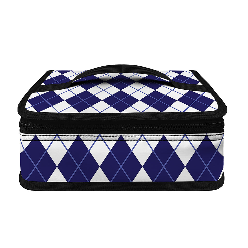 Navy Blue And White Argyle Pattern Print Small Lunch Bag