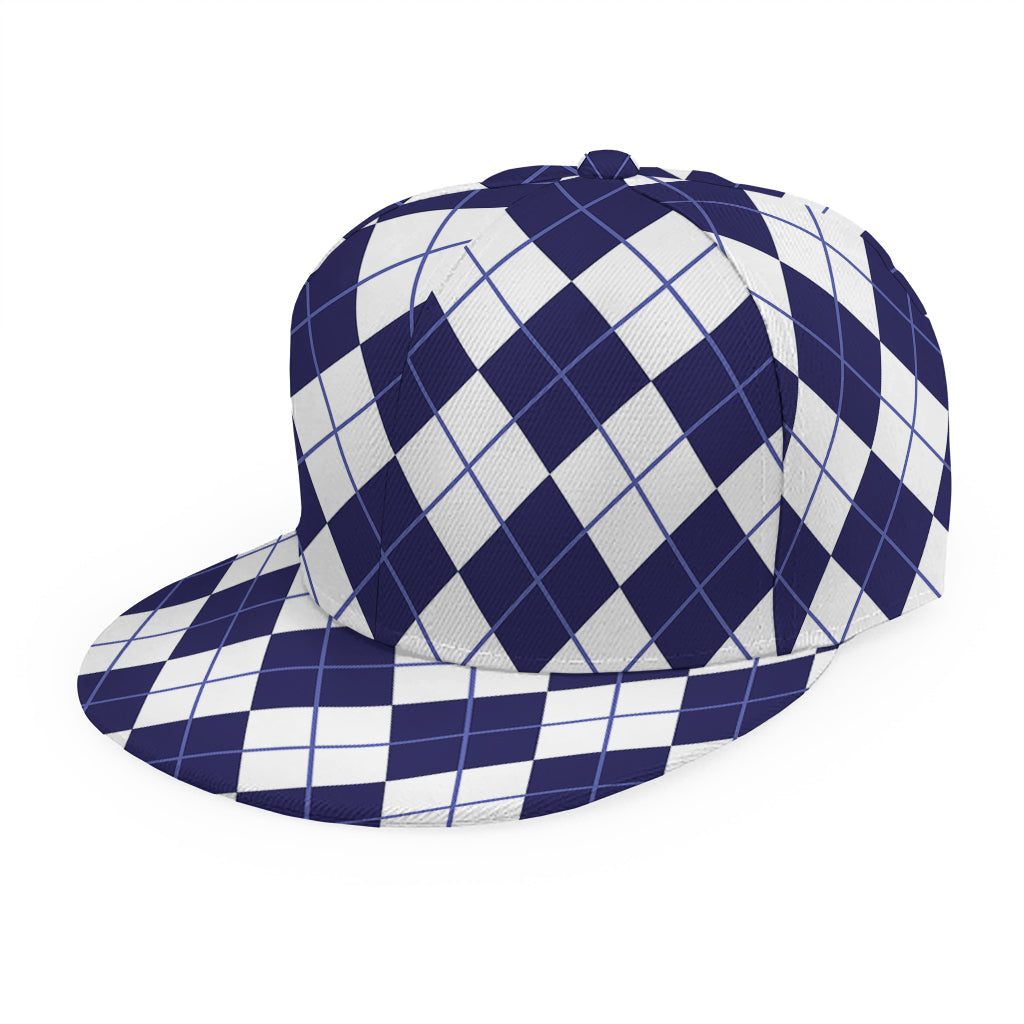 Navy Blue And White Argyle Pattern Print Snapback Cap