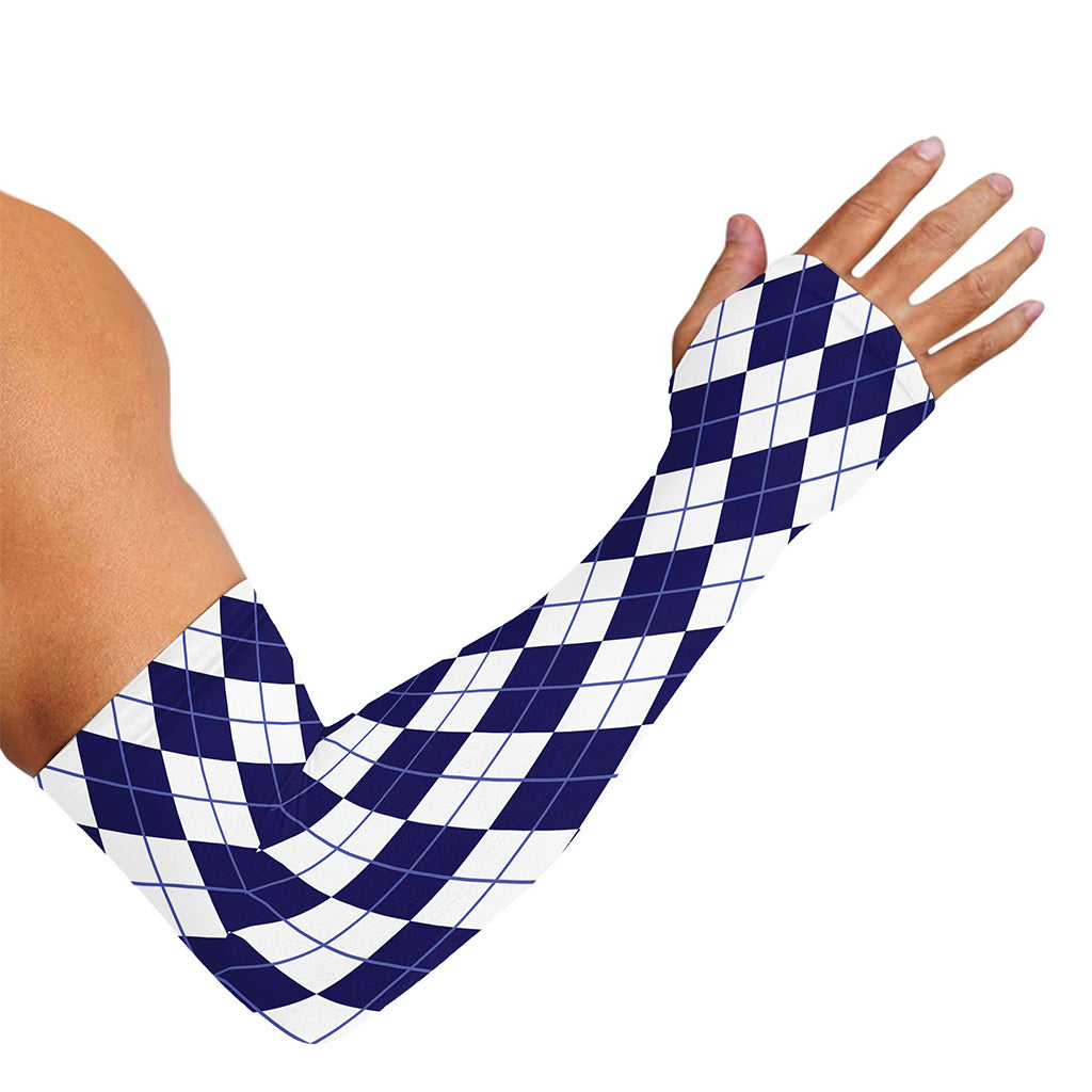 Navy Blue And White Argyle Pattern Print Sun Protection Arm Sleeves