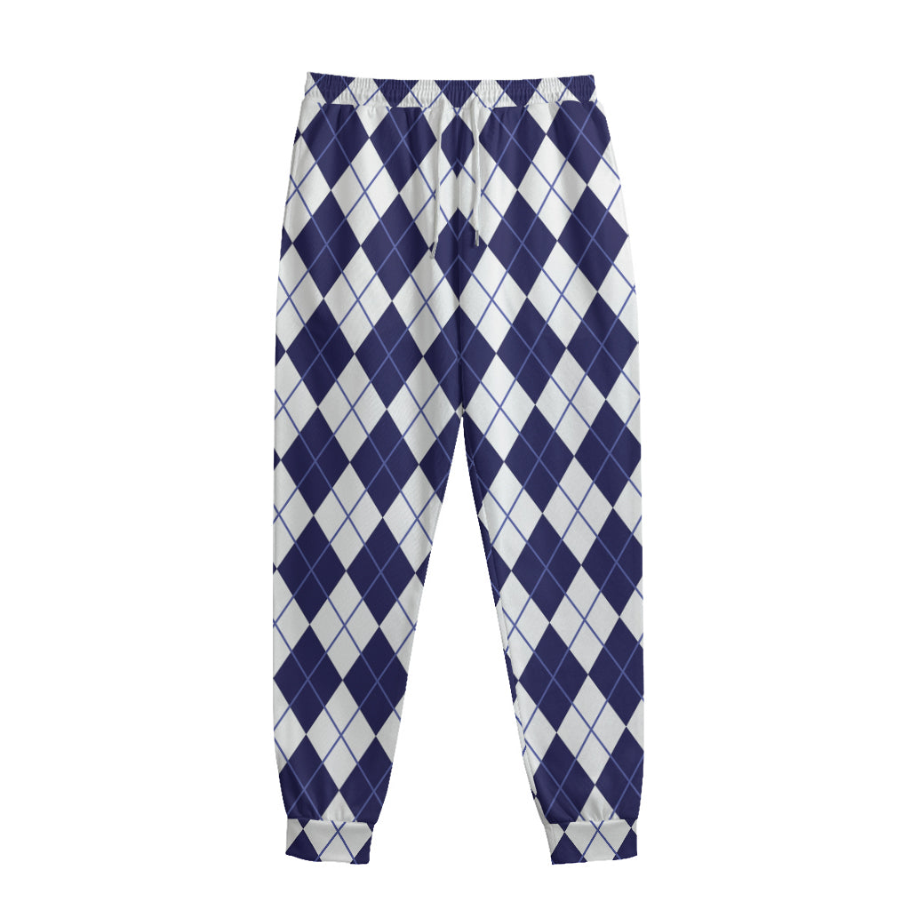 Navy Blue And White Argyle Pattern Print Sweatpants