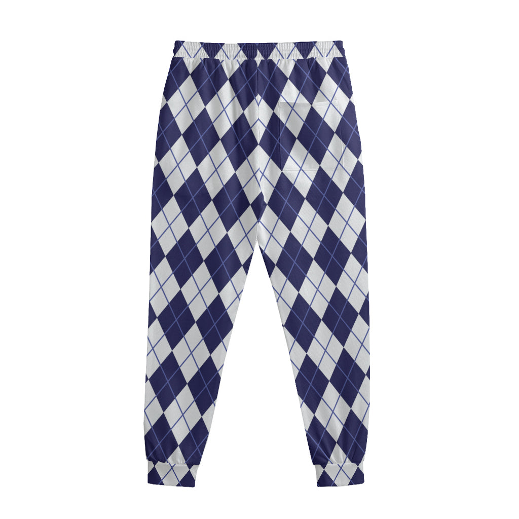 Navy Blue And White Argyle Pattern Print Sweatpants