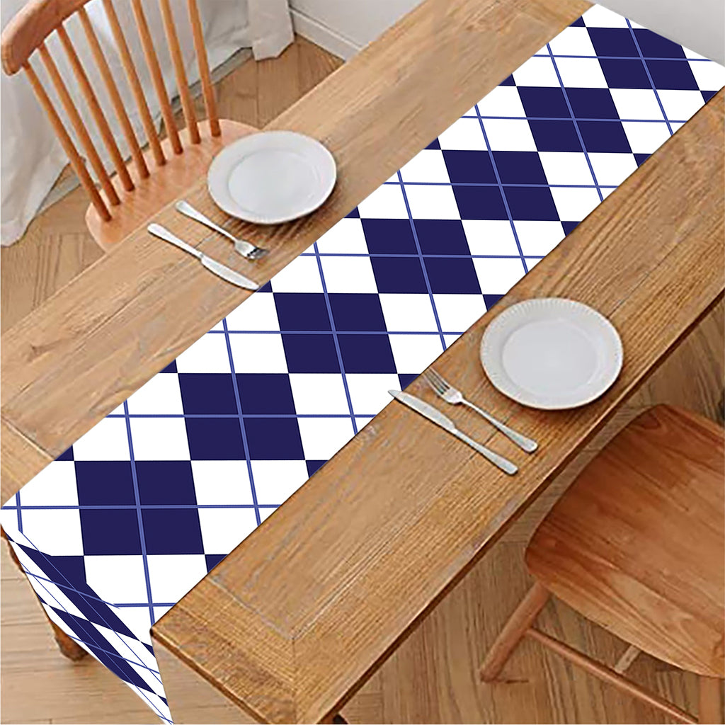 Navy Blue And White Argyle Pattern Print Table Runner