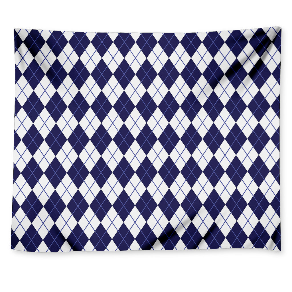 Navy Blue And White Argyle Pattern Print Tapestry