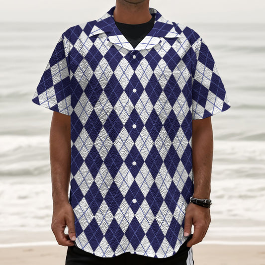 Navy Blue And White Argyle Pattern Print Textured Short Sleeve Shirt