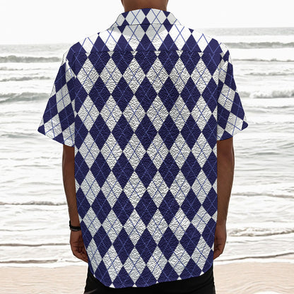 Navy Blue And White Argyle Pattern Print Textured Short Sleeve Shirt
