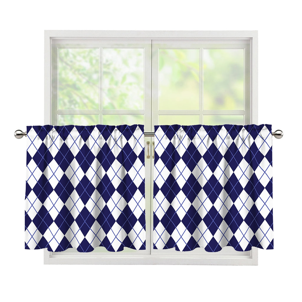 Navy Blue And White Argyle Pattern Print Tier Curtains