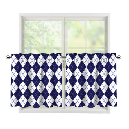 Navy Blue And White Argyle Pattern Print Tier Curtains