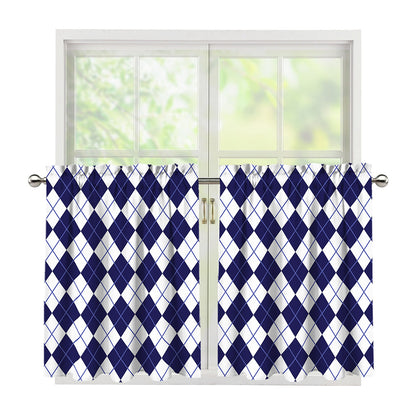 Navy Blue And White Argyle Pattern Print Tier Curtains