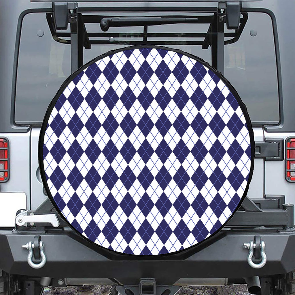 Navy Blue And White Argyle Pattern Print Tire Cover
