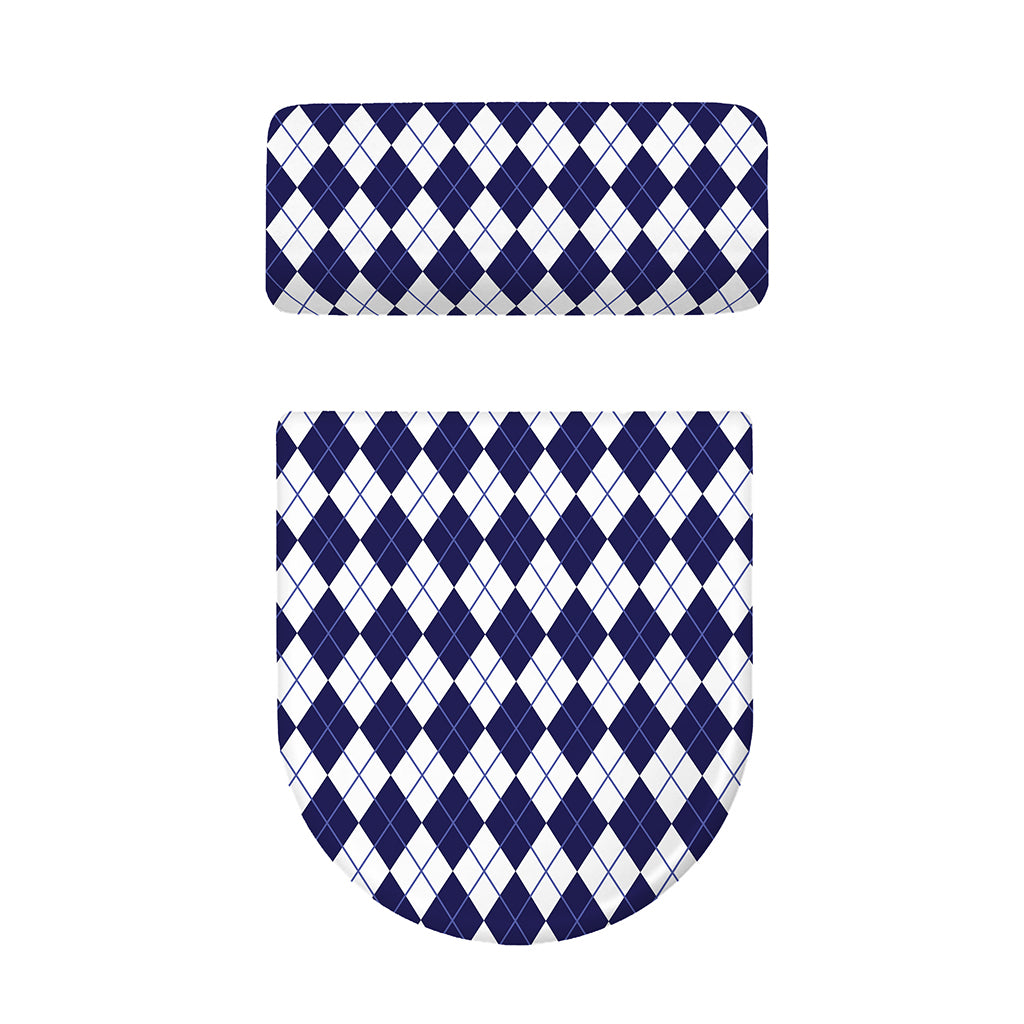 Navy Blue And White Argyle Pattern Print Toilet Lid And Tank Cover Set