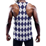Navy Blue And White Argyle Pattern Print Training Tank Top