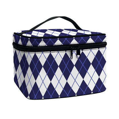 Navy Blue And White Argyle Pattern Print Travel Makeup Bag