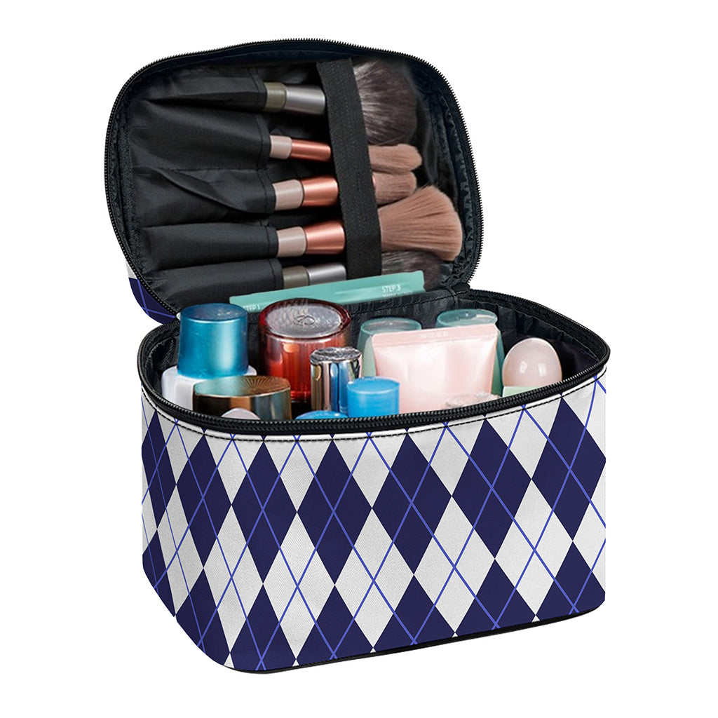 Navy Blue And White Argyle Pattern Print Travel Makeup Bag