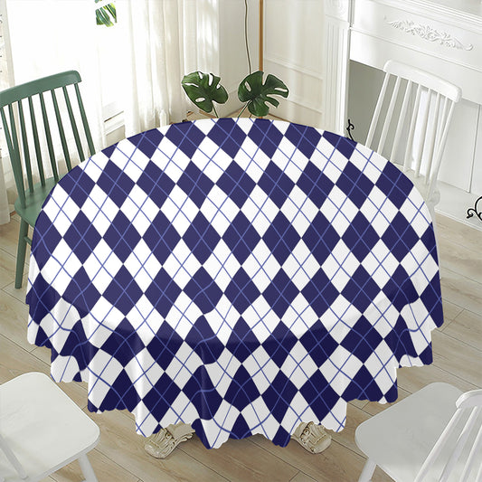 Navy Blue And White Argyle Pattern Print Waterproof Round Tablecloth