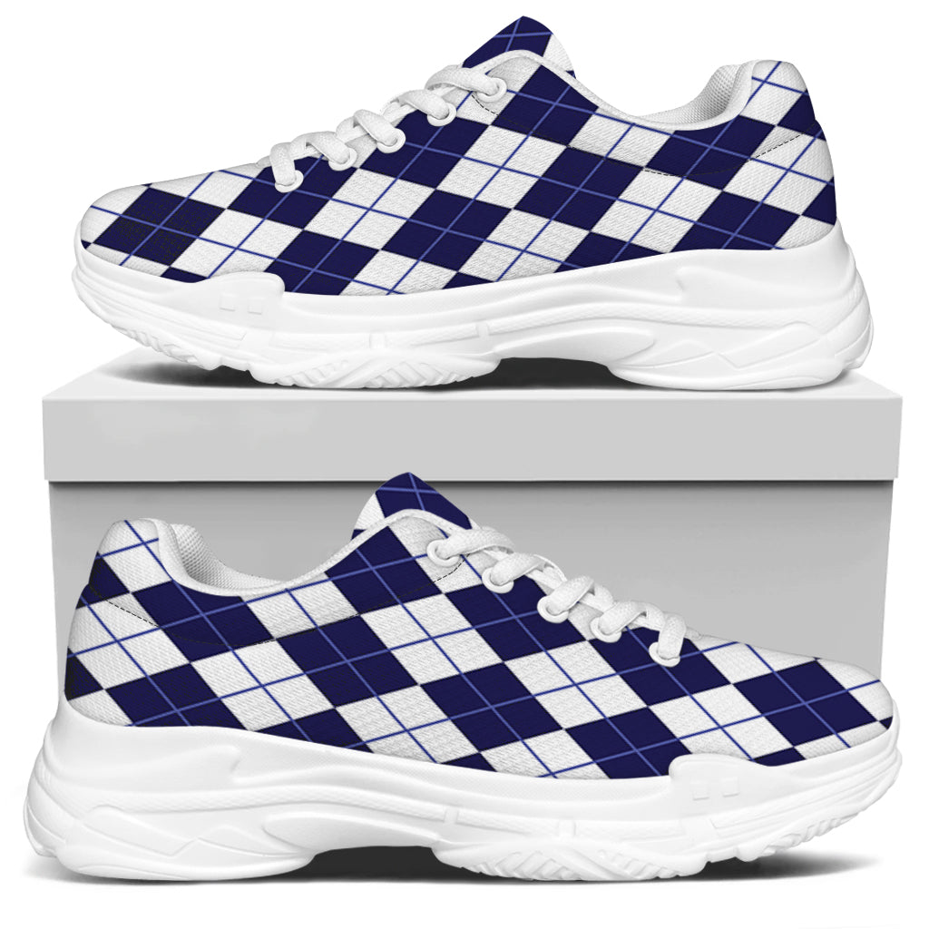 Navy Blue And White Argyle Pattern Print White Chunky Shoes