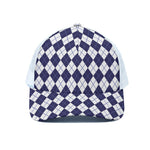 Navy Blue And White Argyle Pattern Print White Mesh Trucker Cap