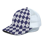 Navy Blue And White Argyle Pattern Print White Mesh Trucker Cap