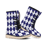 Navy Blue And White Argyle Pattern Print Winter Boots