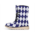 Navy Blue And White Argyle Pattern Print Winter Boots