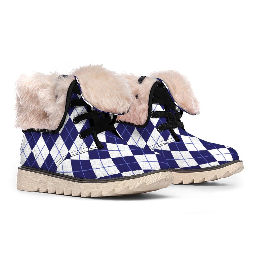 Navy Blue And White Argyle Pattern Print Winter Boots