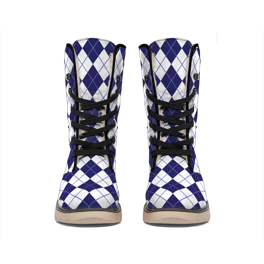 Navy Blue And White Argyle Pattern Print Winter Boots