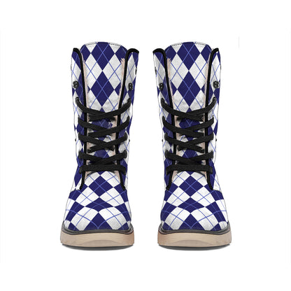 Navy Blue And White Argyle Pattern Print Winter Boots