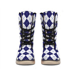 Navy Blue And White Argyle Pattern Print Winter Boots