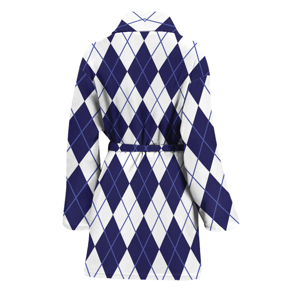 Navy Blue And White Argyle Pattern Print Women's Bathrobe