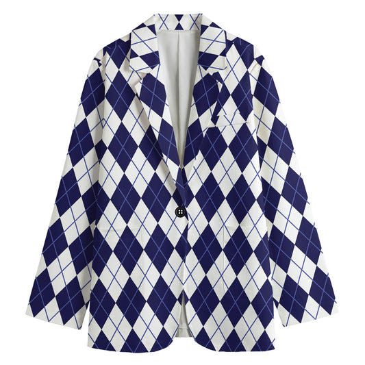 Navy Blue And White Argyle Pattern Print Women's Blazer