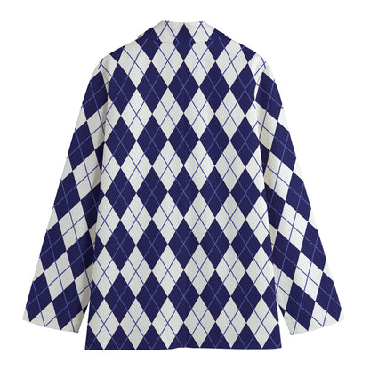 Navy Blue And White Argyle Pattern Print Women's Blazer