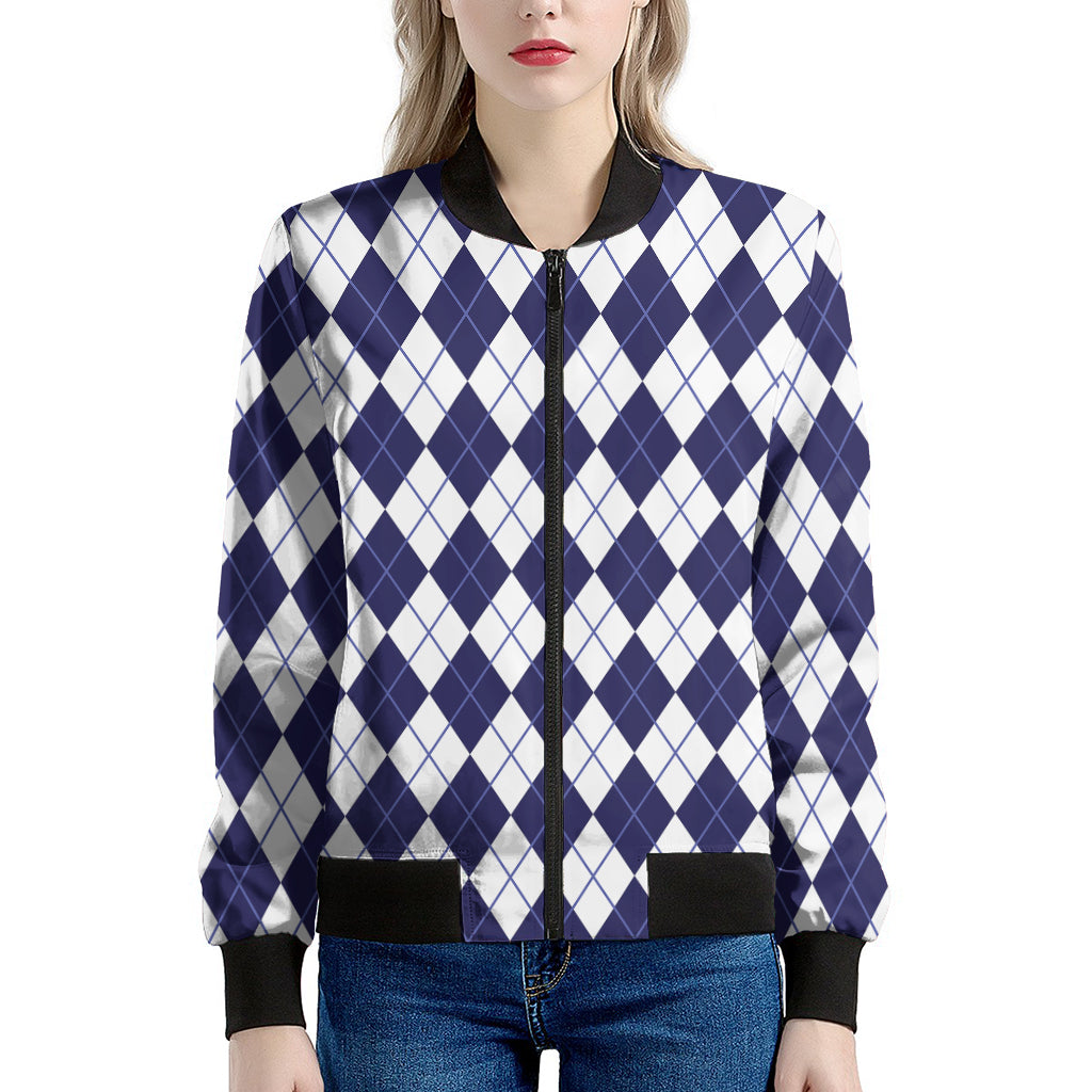 Navy Blue And White Argyle Pattern Print Women's Bomber Jacket