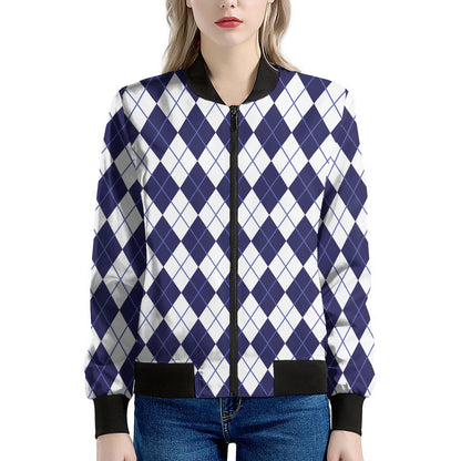 Navy Blue And White Argyle Pattern Print Women's Bomber Jacket